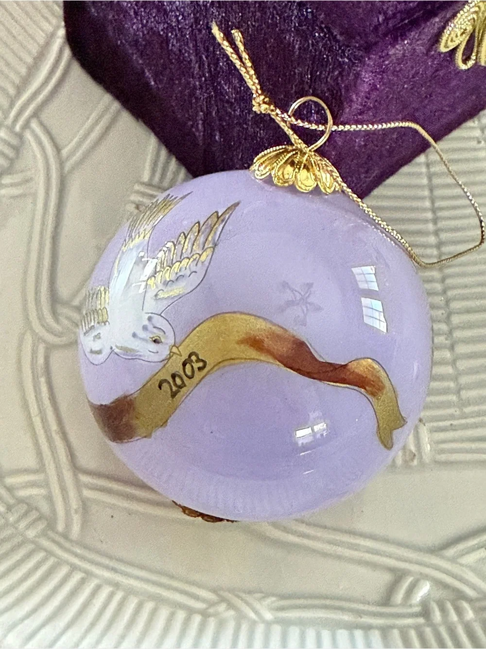 Pier 1 Lavender and Gold Dove 'Peace on Earth' Holiday Ornament